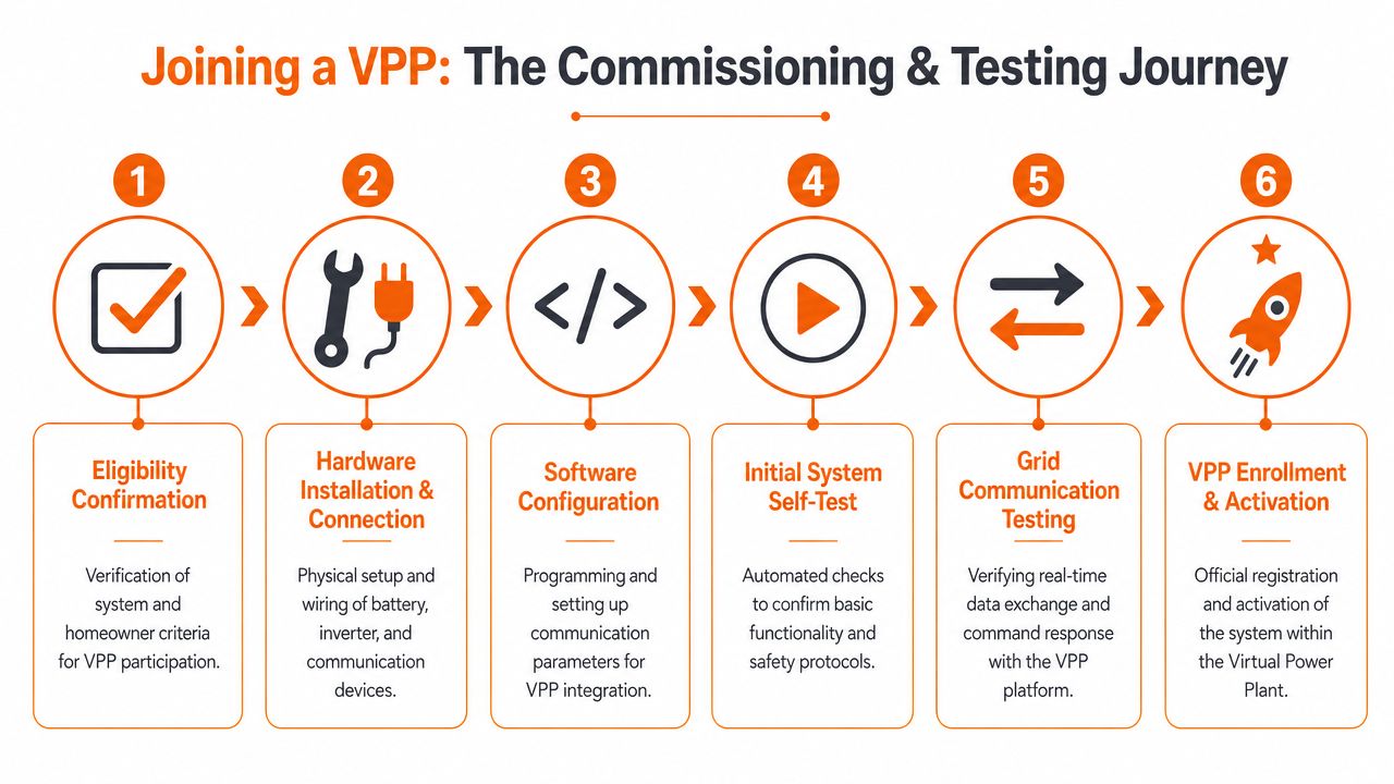 A six-step infographic detailing the commission and testing journey required to join a Virtual Power Plant.