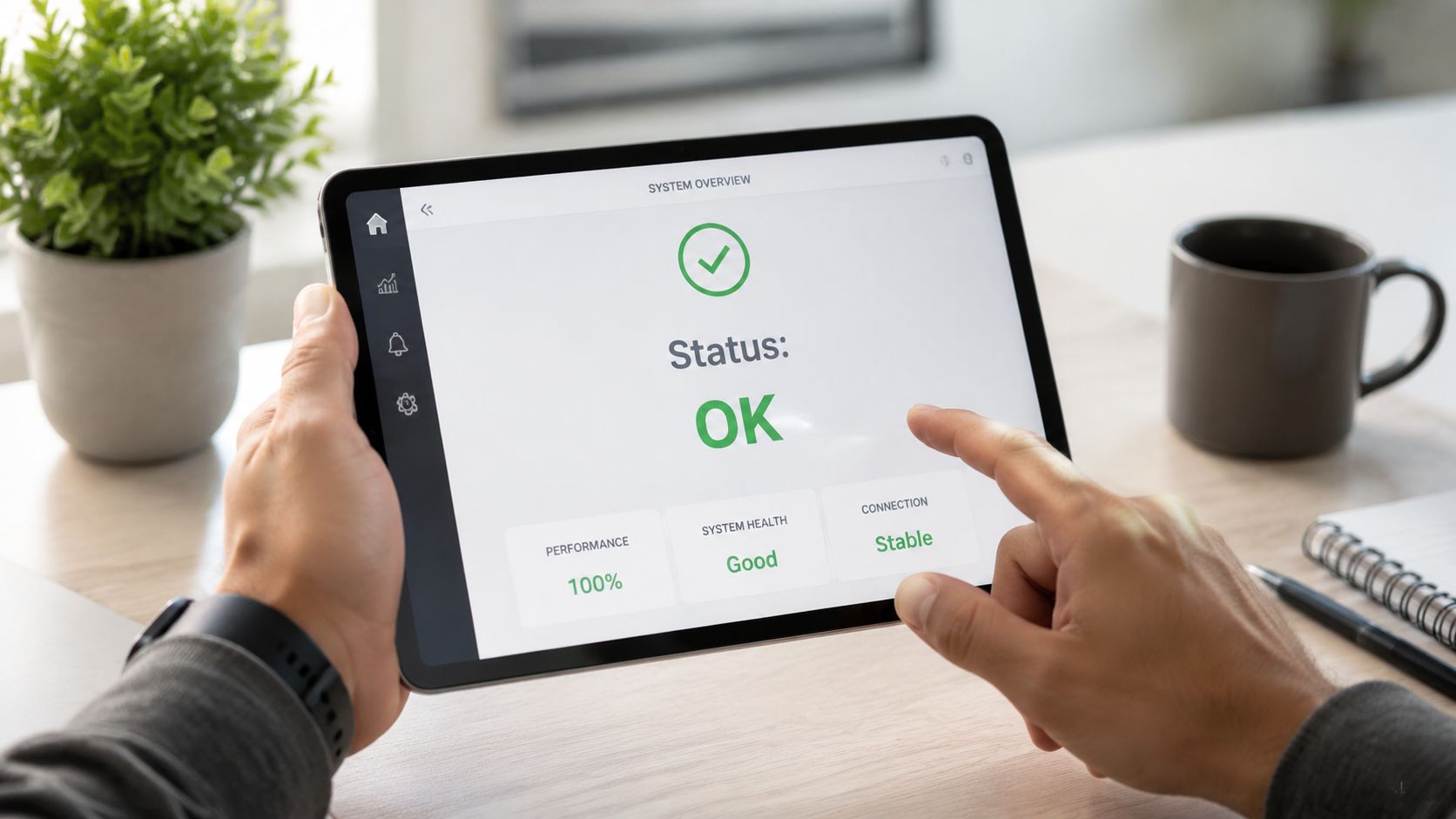 A person holds a tablet displaying a system overview screen showing an OK status and green performance metrics.