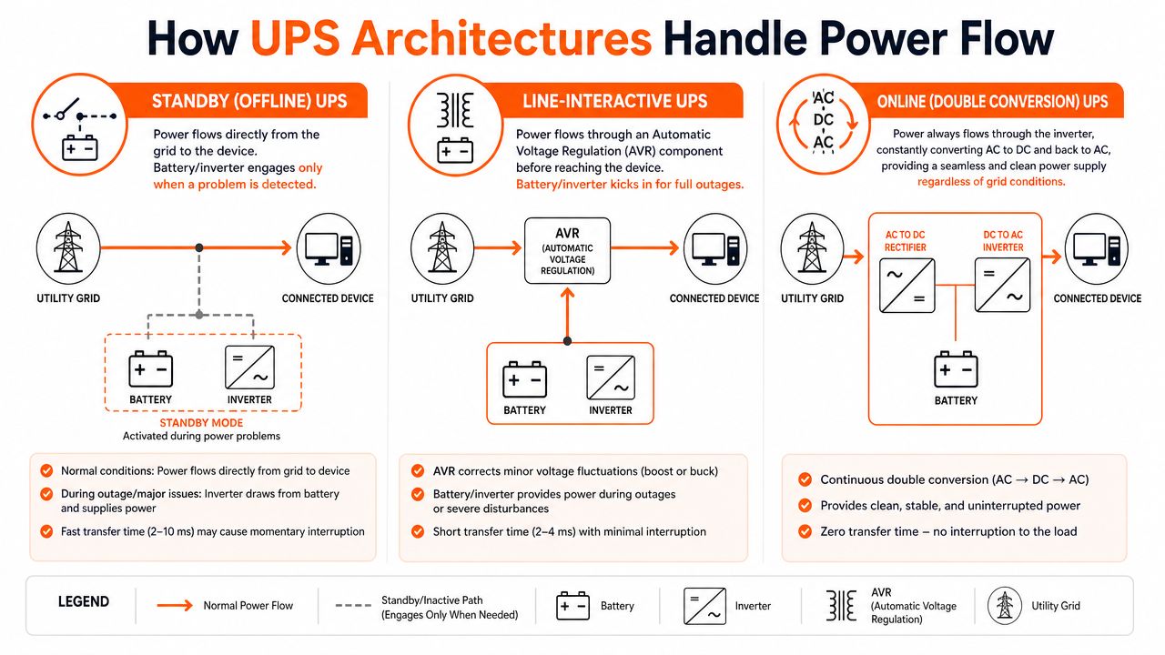 A diagram comparing the functional architecture and power flow of standby, line-interactive, and online UPS systems.