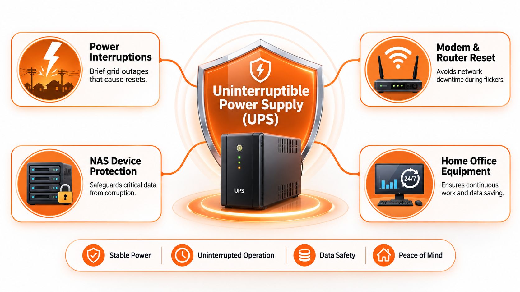 A diagram illustrating the benefits of an Uninterruptible Power Supply for homes and small offices.