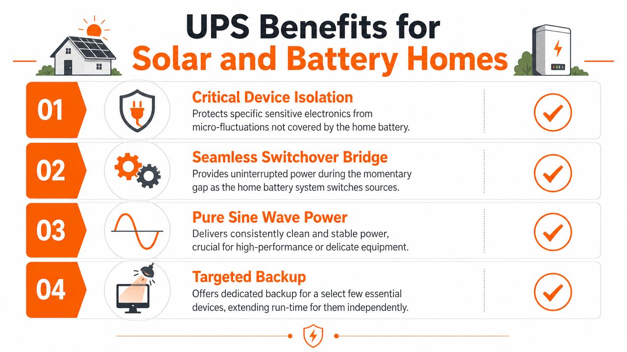 An infographic detailing four key benefits of using an Uninterruptible Power Supply for solar and battery powered homes.