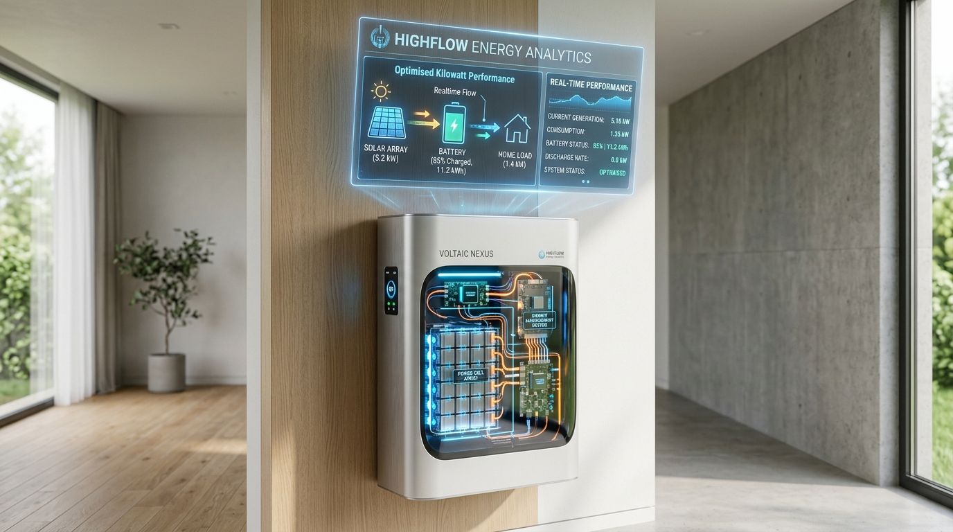 A modern home battery storage unit with a holographic dashboard displaying real-time energy usage and solar production.