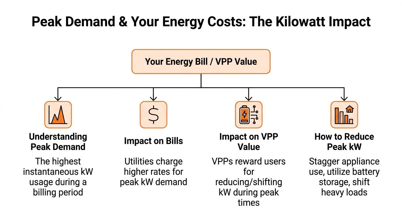 A diagram explaining peak demand, energy bills, VPP value, and methods for reducing kilowatt usage.