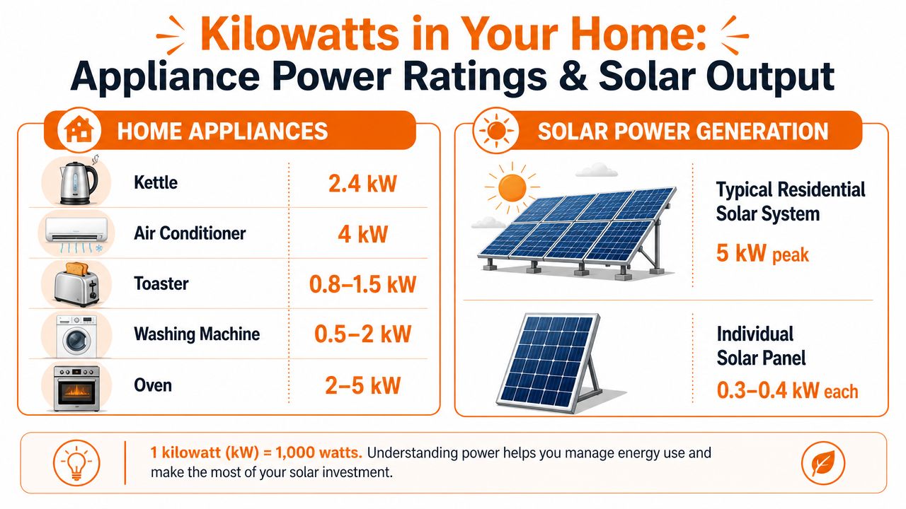 A chart illustrating the power ratings of common household appliances compared to solar energy generation capacities.