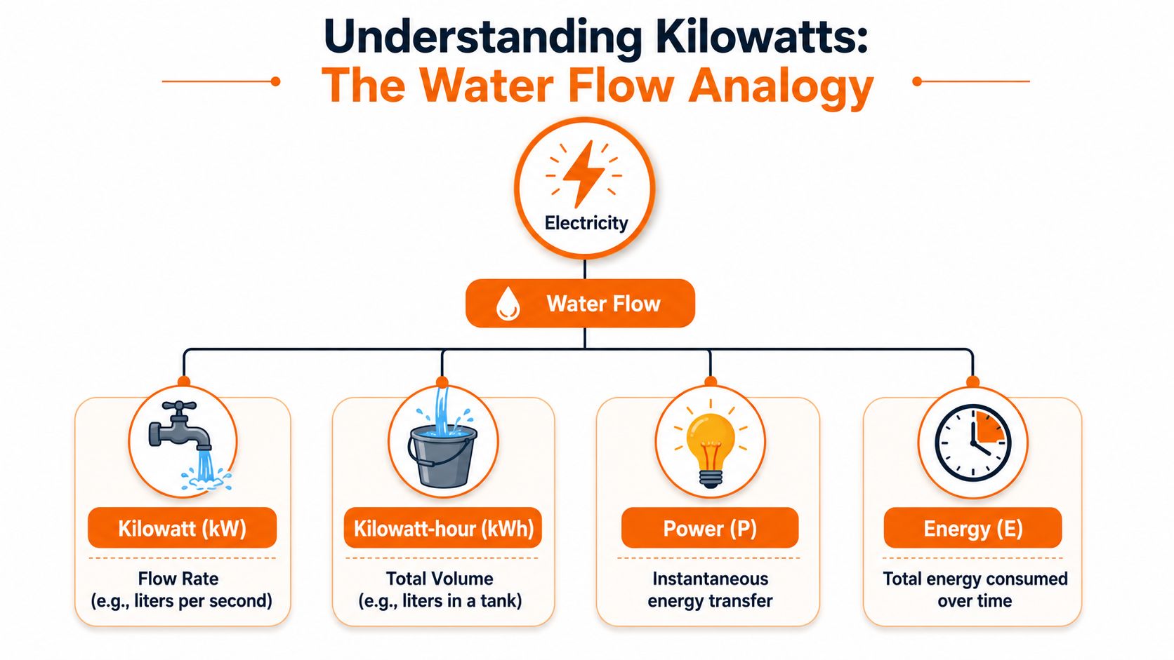 A diagram explaining electricity using a water flow analogy for kilowatts, kilowatt-hours, power, and energy consumption.