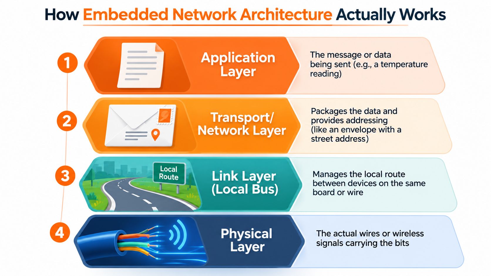 A diagram illustrating the four layers of embedded network architecture: application, transport, link, and physical layers.