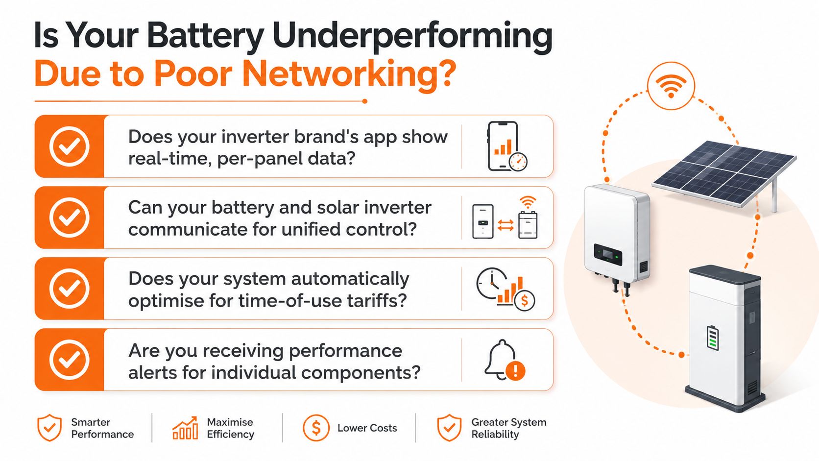 A diagnostic infographic explaining how solar battery and inverter networking improves energy system efficiency and cost savings.