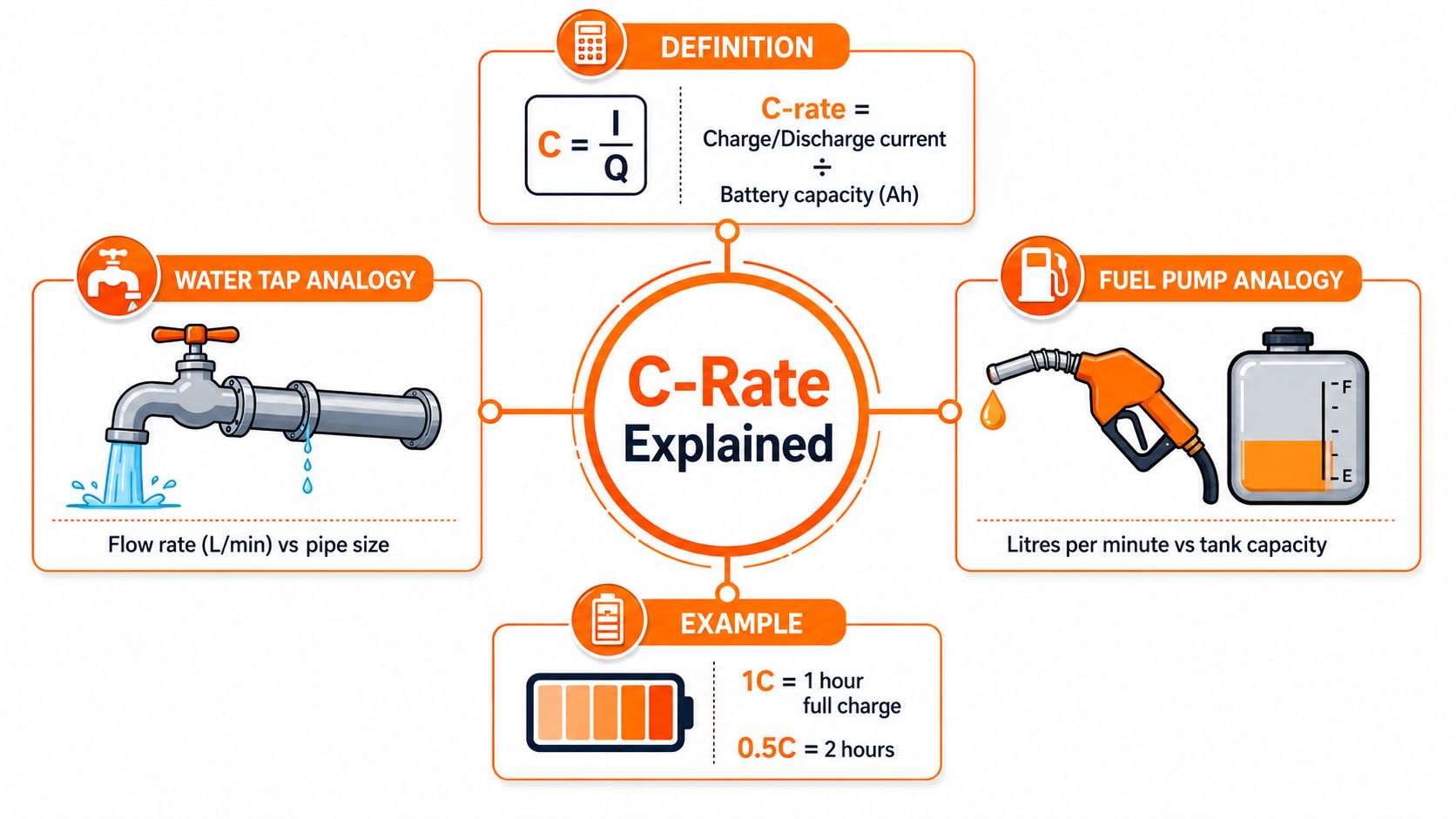 An infographic explaining battery C-rate using a formula, water tap analogy, fuel pump analogy, and examples.