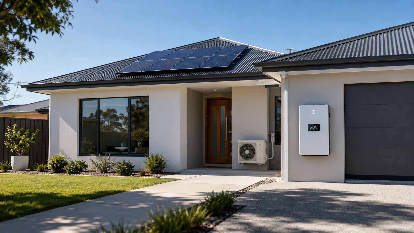 A modern suburban house with roof solar panels and a residential battery wall unit for energy storage.