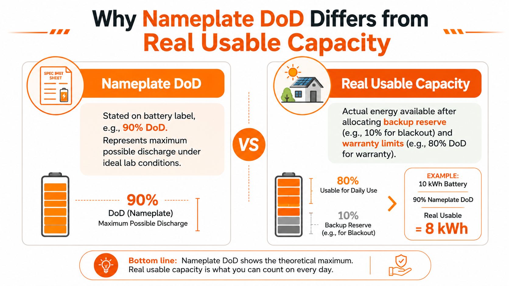 An infographic explaining the difference between Nameplate Depth of Discharge and actual usable battery energy capacity.