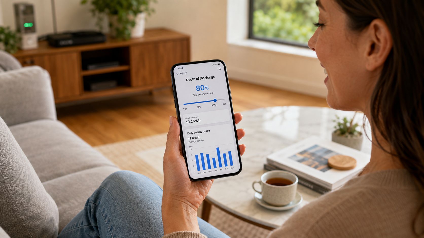 A person holding a smartphone showing an app interface displaying battery depth of discharge and energy usage statistics.