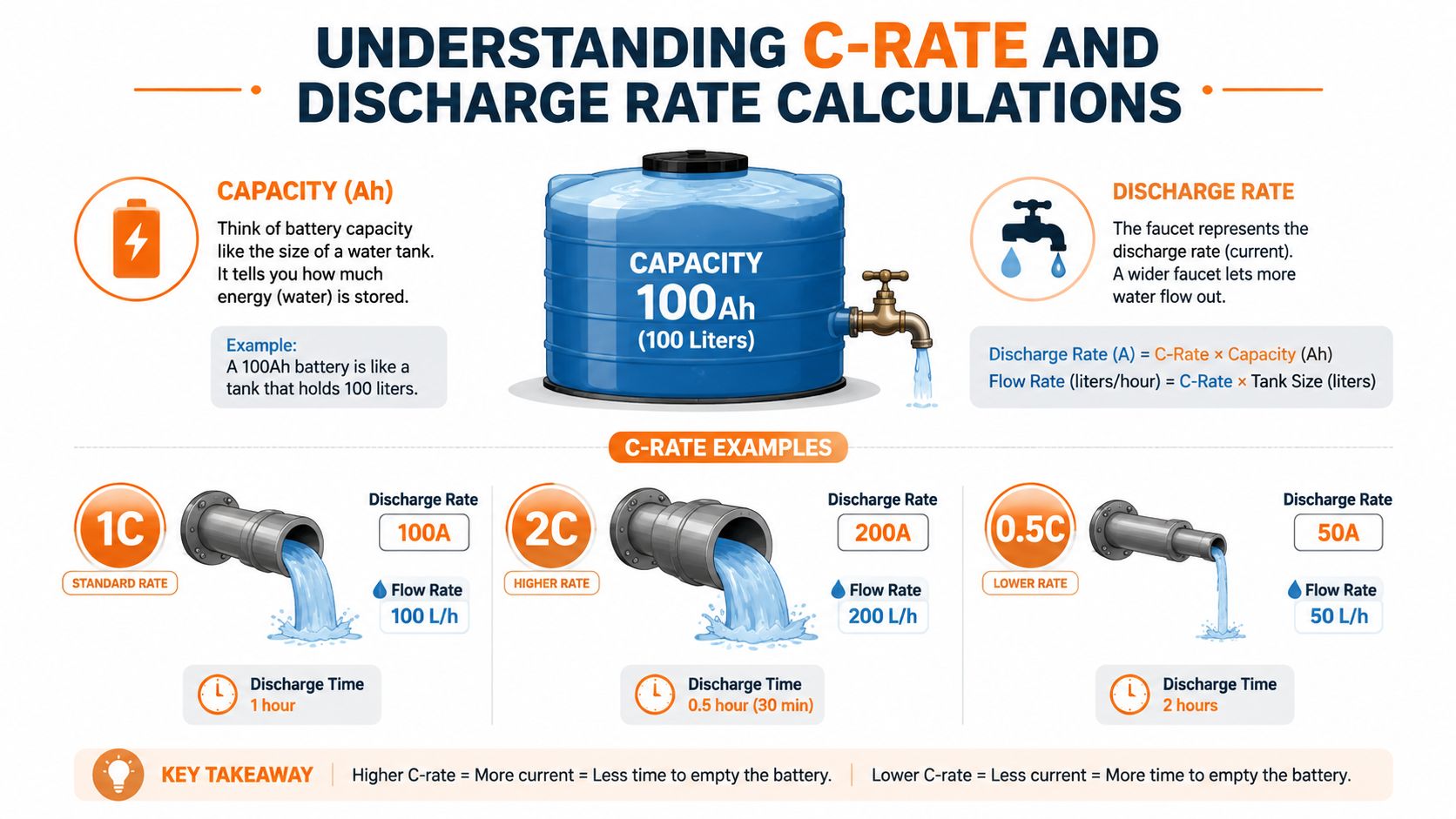 An infographic explaining battery C-rate and discharge rate using a water tank and faucet analogy.