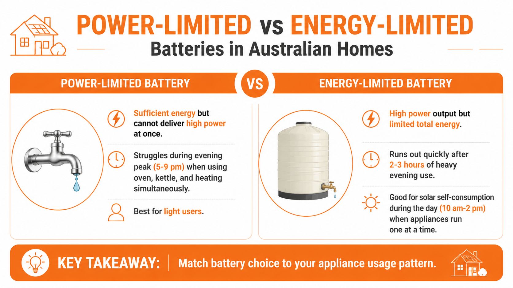 An infographic comparing power-limited and energy-limited battery systems for homes, illustrated with water tap and tank metaphors.