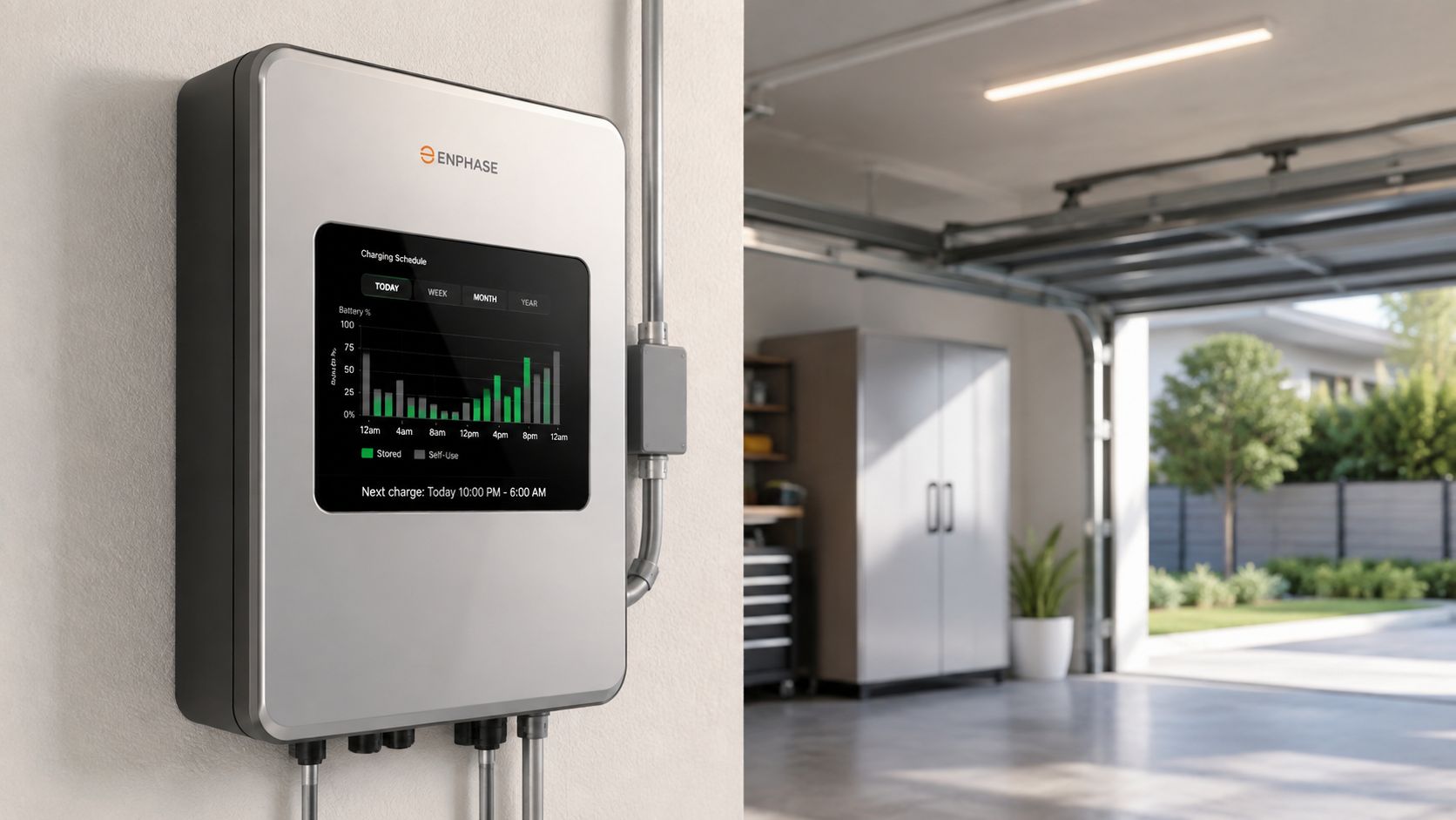 An Enphase home battery wall unit displaying a charging schedule graph mounted in a bright modern garage.