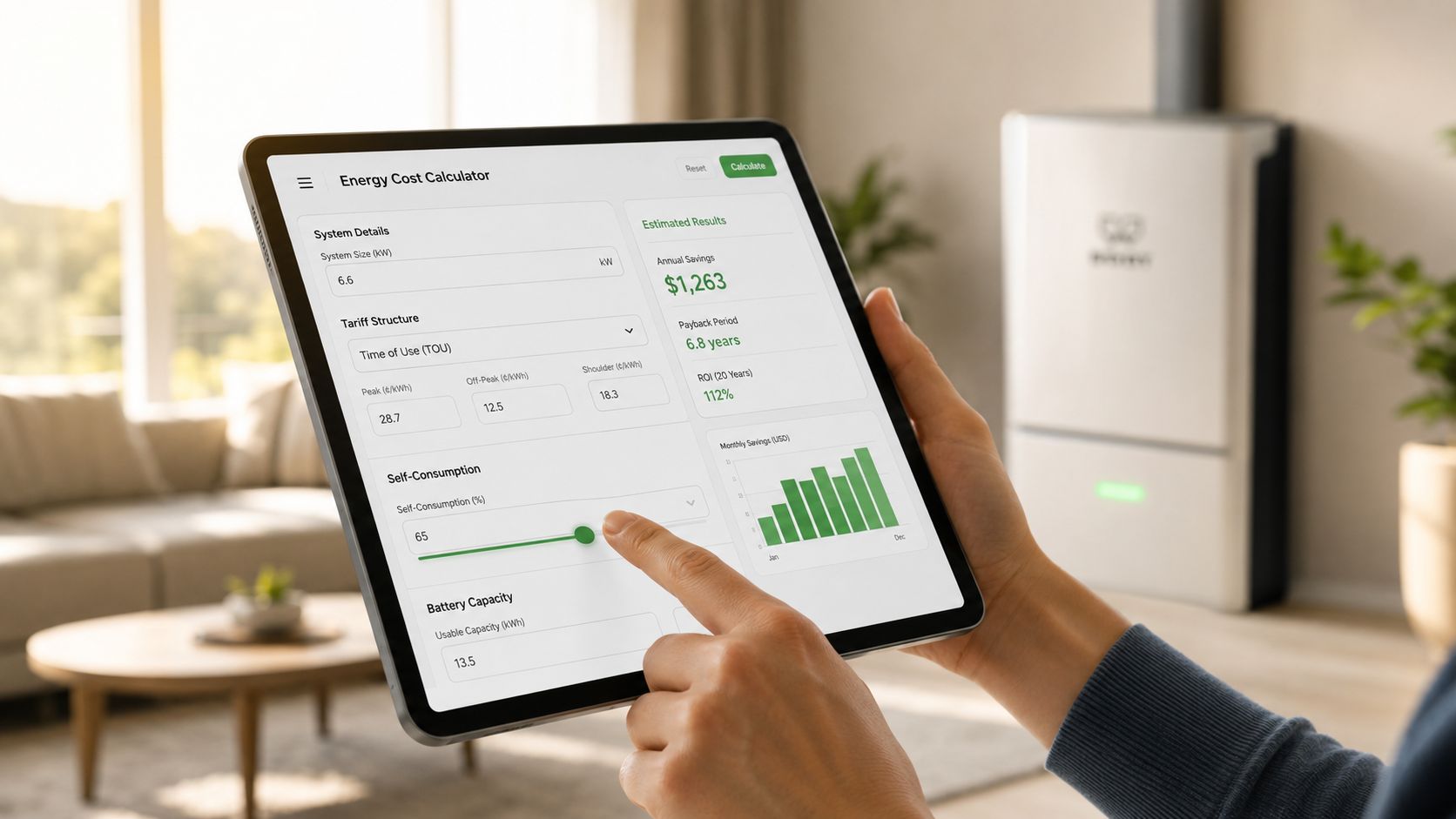 A person using a tablet to calculate solar energy savings with a home battery system in background.
