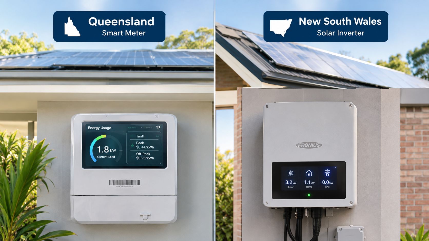 A split image showing a smart meter in Queensland and a solar inverter in New South Wales.