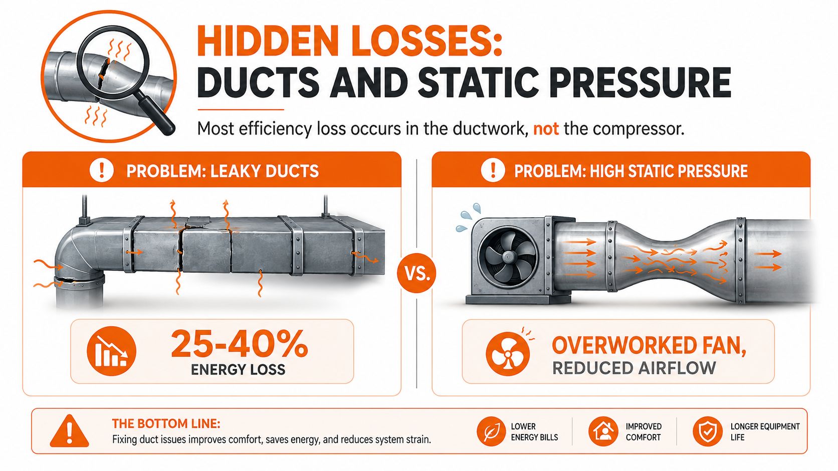 An infographic illustrating hidden energy efficiency losses in home HVAC ductwork due to leaks and high static pressure.