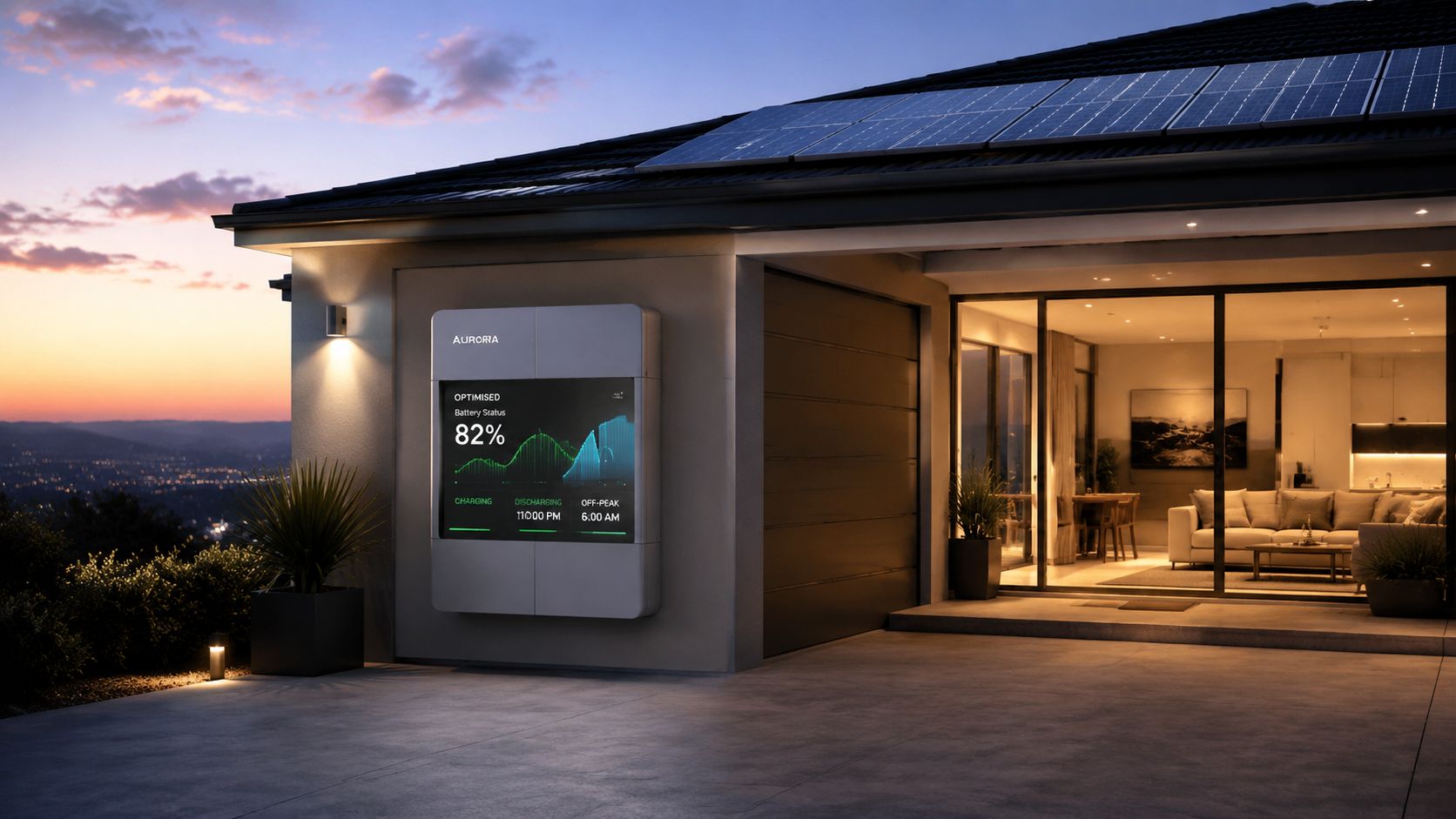 A modern home exterior at sunset featuring a wall-mounted solar battery unit with a digital interface.