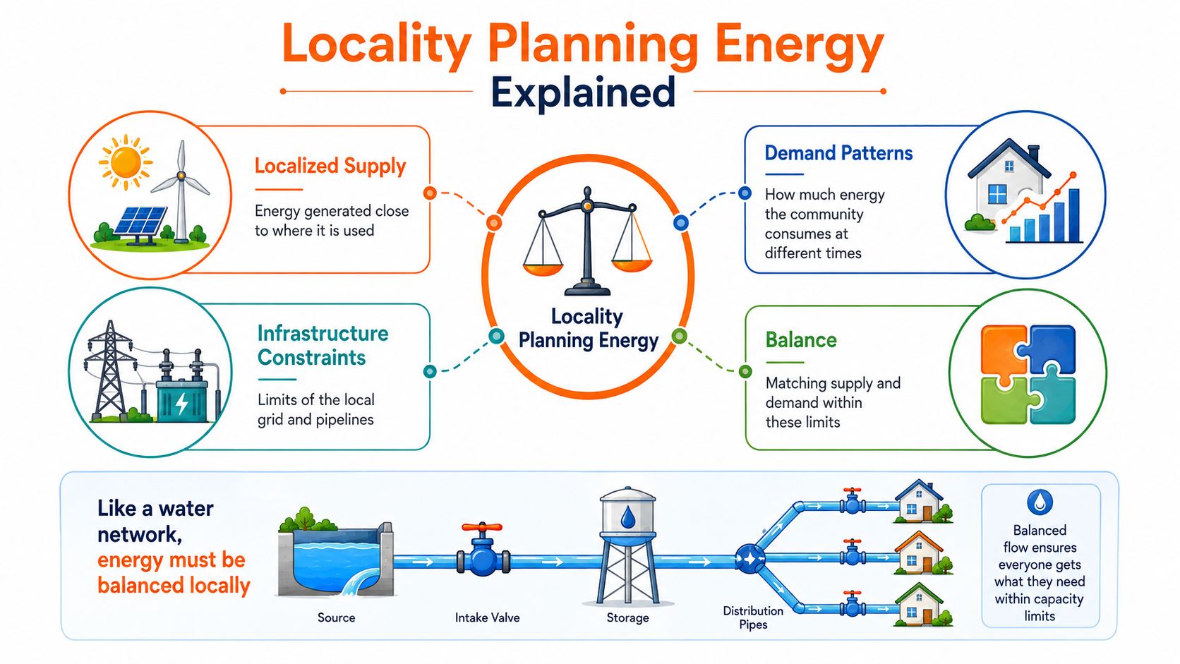 A diagram explaining locality planning energy through infrastructure, supply, demand patterns, and a water network analogy.