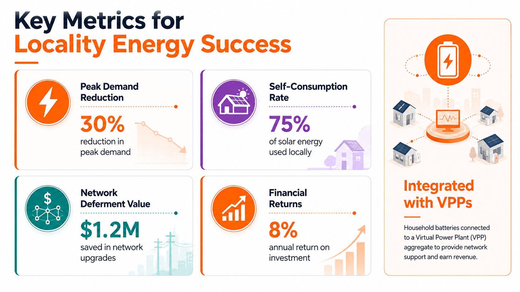 An infographic showing four key metrics for locality energy success including demand reduction, solar self-consumption, network savings, and returns.