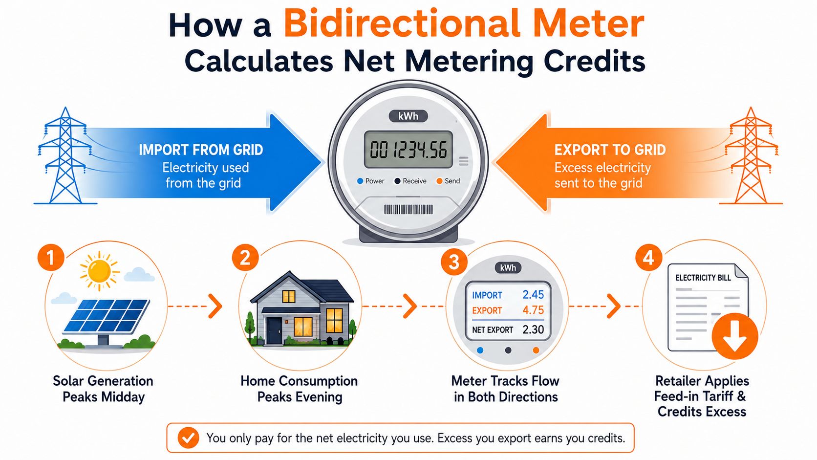 A diagram explaining how a bidirectional meter calculates net metering credits for residential solar energy systems.