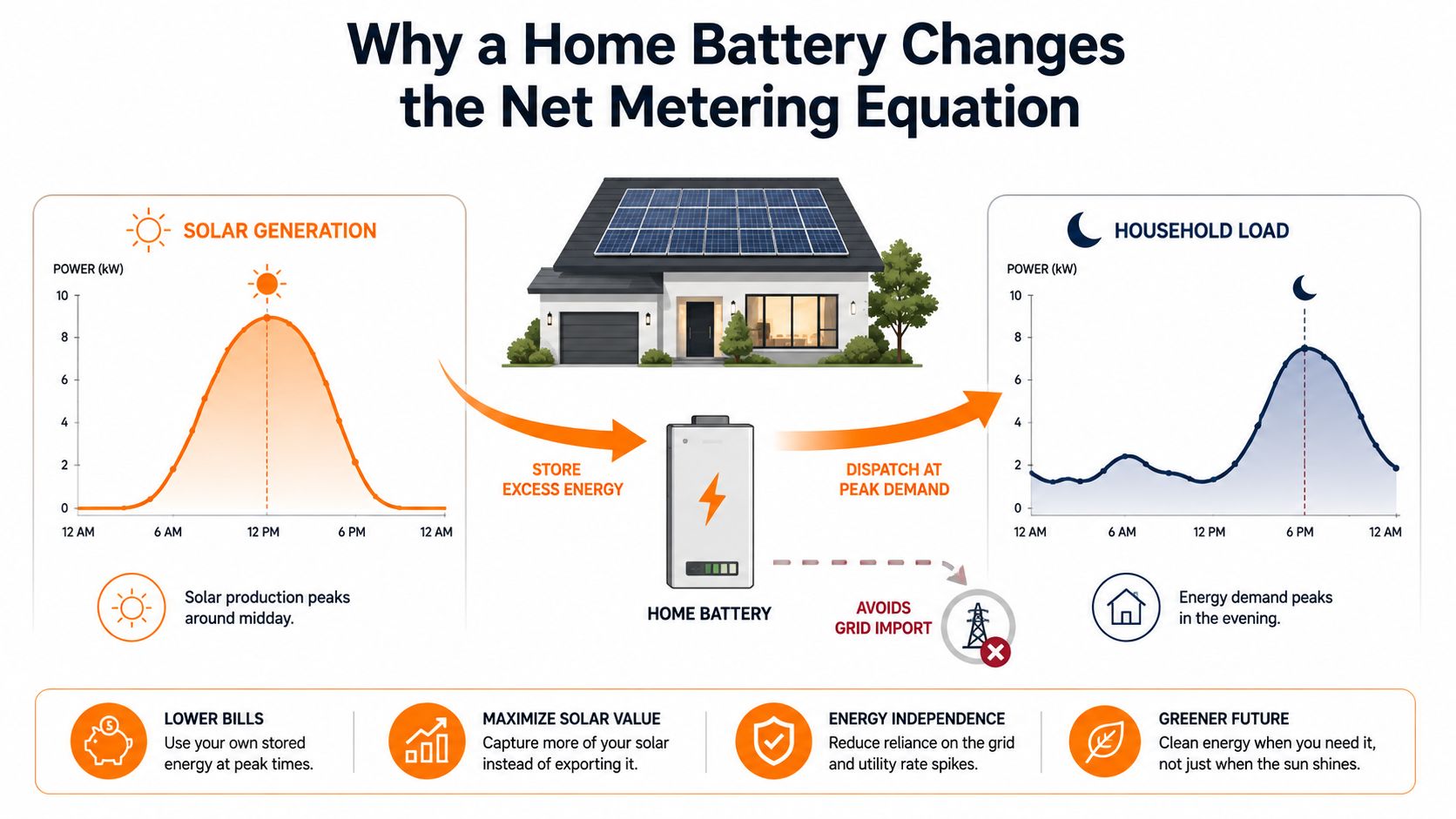 A diagram illustrating how a home battery stores solar energy to meet evening peak household power demand.
