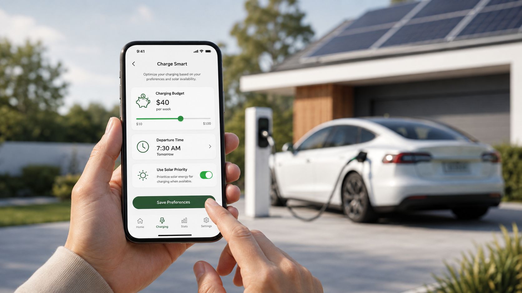 A person holding a smartphone displaying an electric vehicle charging app with solar energy optimization settings.