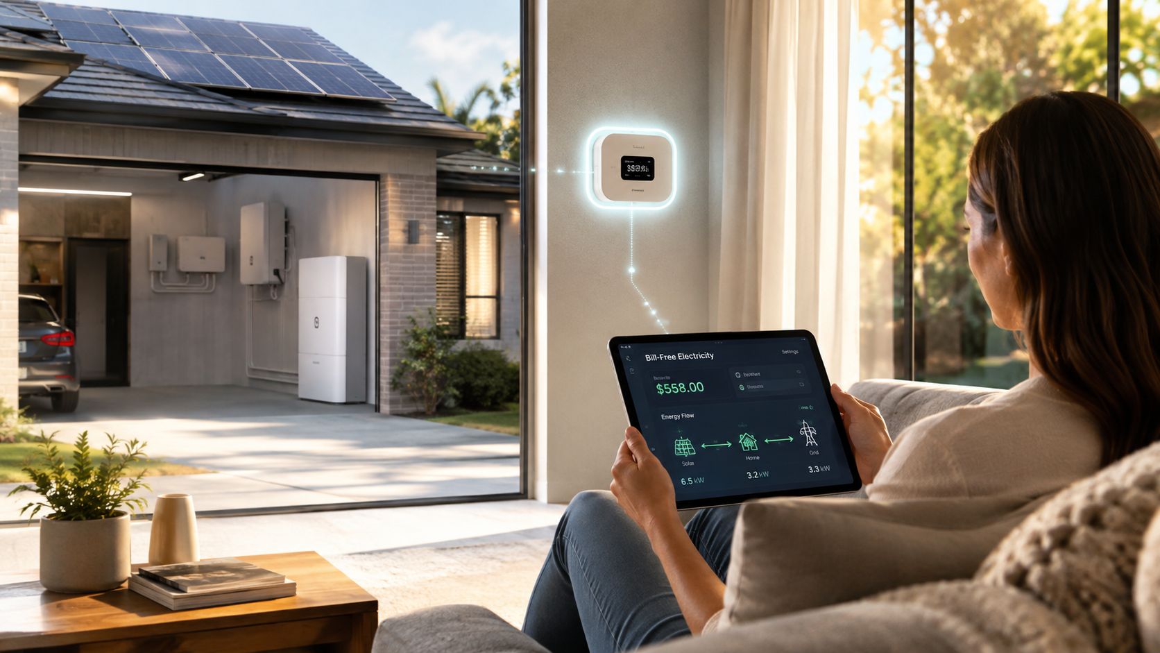 A woman sits on a sofa monitoring home energy usage from solar panels on a digital tablet.