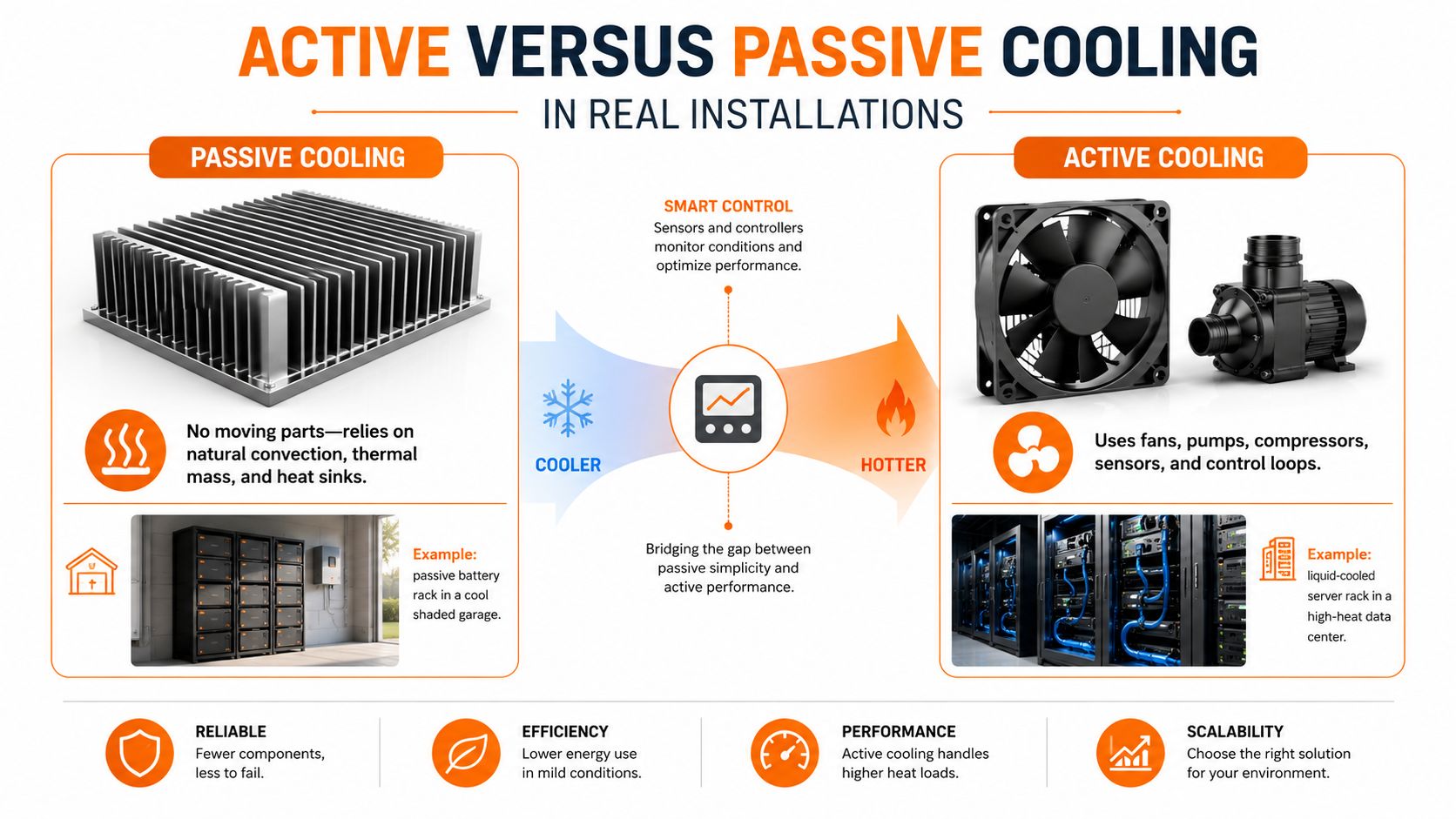 A comparison chart showing the differences between passive and active thermal management cooling systems in real installations.
