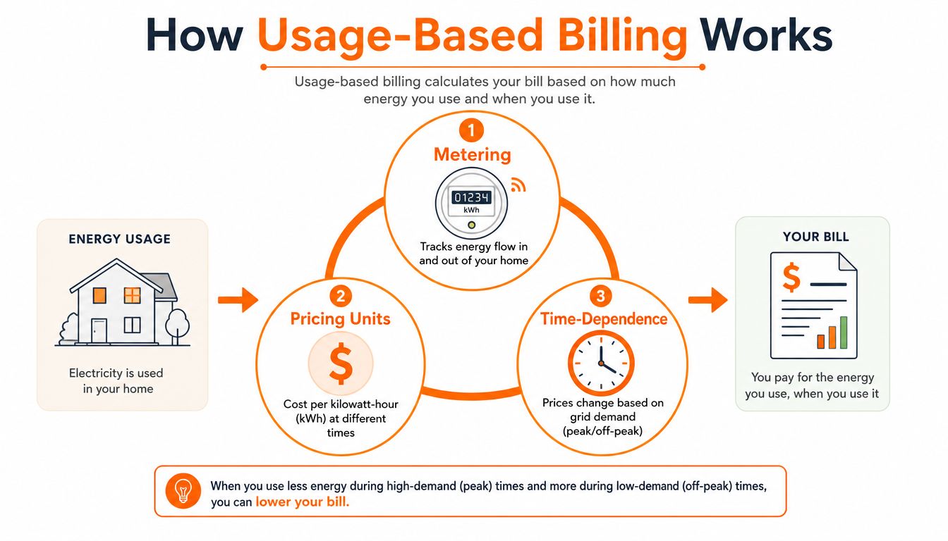 A diagram explaining how usage-based billing works by tracking home energy consumption at different times of day.