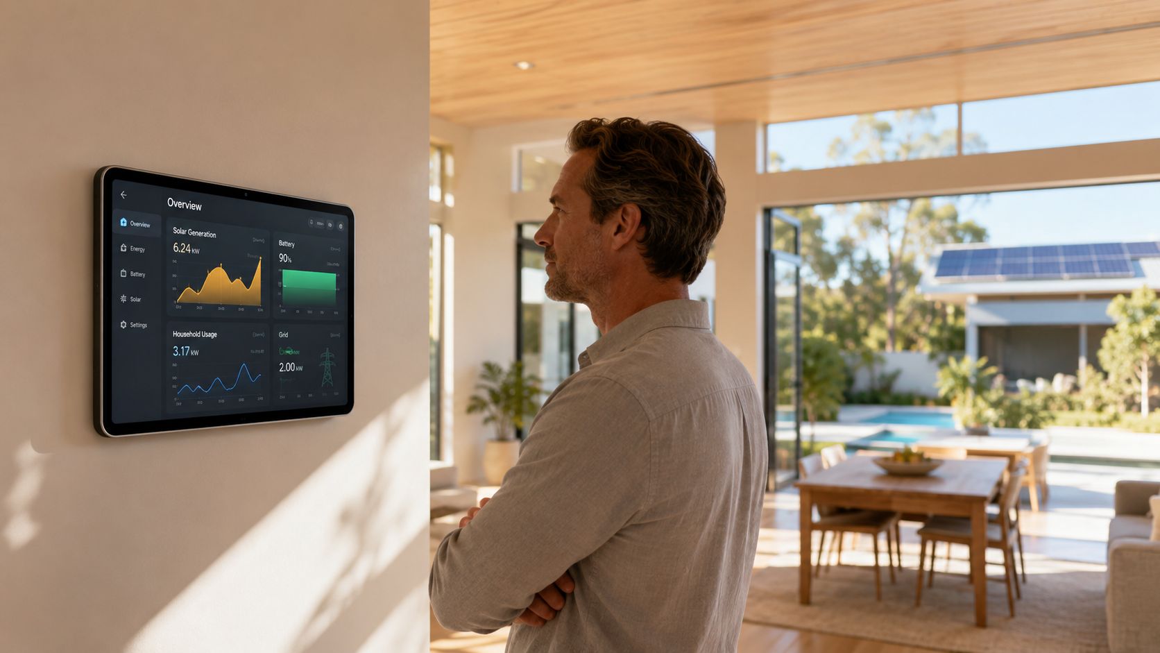 A man looking at a smart home energy management tablet mounted on a wall in his modern home.