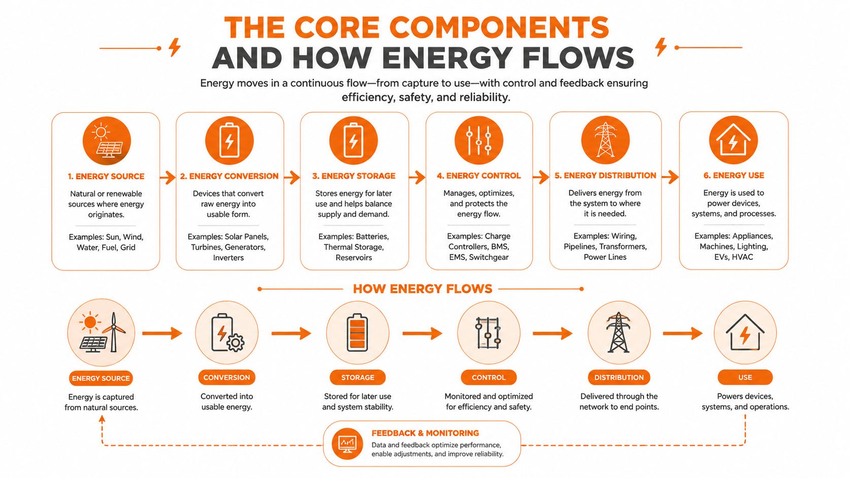 A diagram illustrating the six core components and the continuous flow of energy from capture to use.