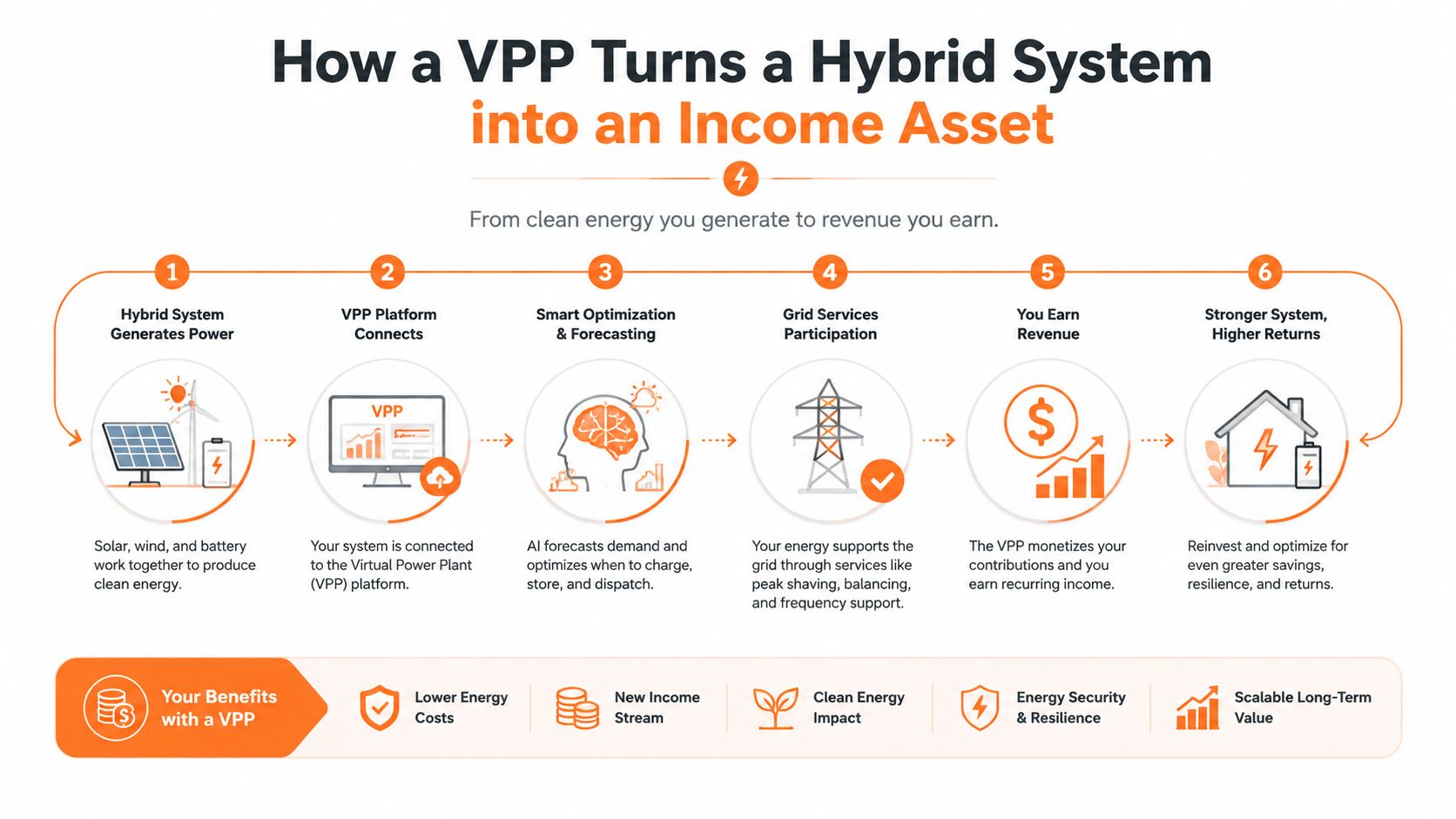 A diagram illustrating the six-step process of how a VPP turns a hybrid energy system into revenue.