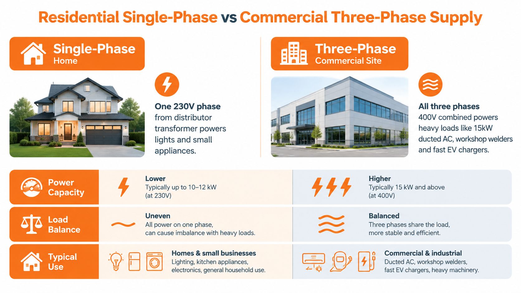 A comparison infographic between residential single-phase and commercial three-phase electrical power supply systems.