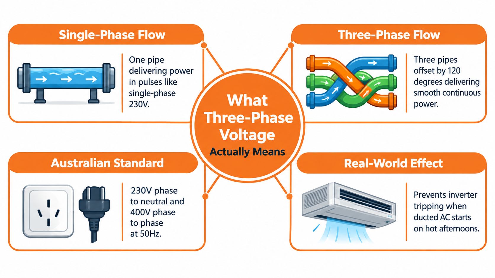 A descriptive infographic explaining three-phase voltage, comparing single-phase and three-phase power flow, Australian standards, and real-world appliance effects.