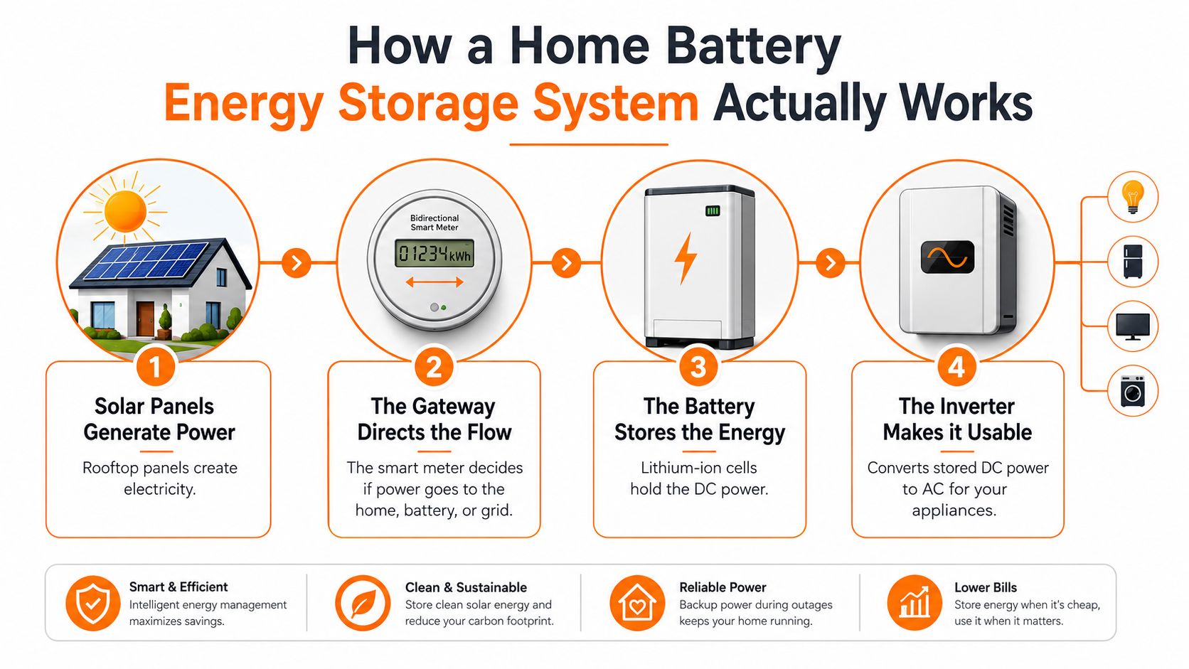 A diagram illustrating the four-step process of how a home battery energy storage system functions with solar power.