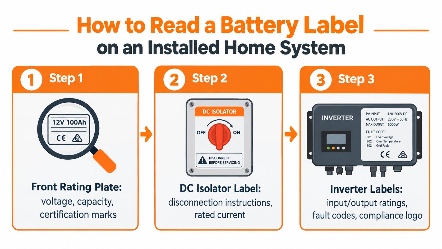 A three-step infographic showing how to read battery labels, isolator switches, and inverter ratings on home systems.