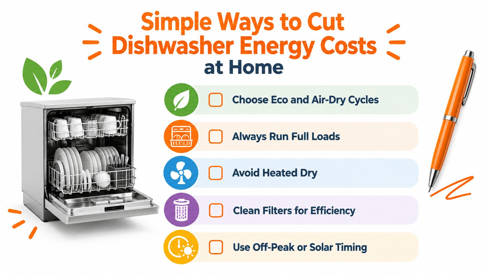 An infographic showing five simple tips to reduce dishwasher energy costs for more efficient home appliance usage.