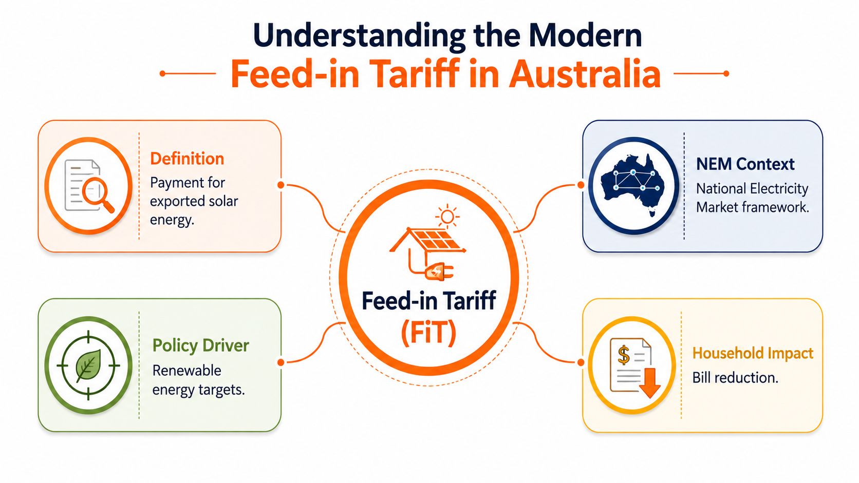 A diagram illustrating the concept of feed-in tariffs in Australia, covering definition, market context, policy, and impact.