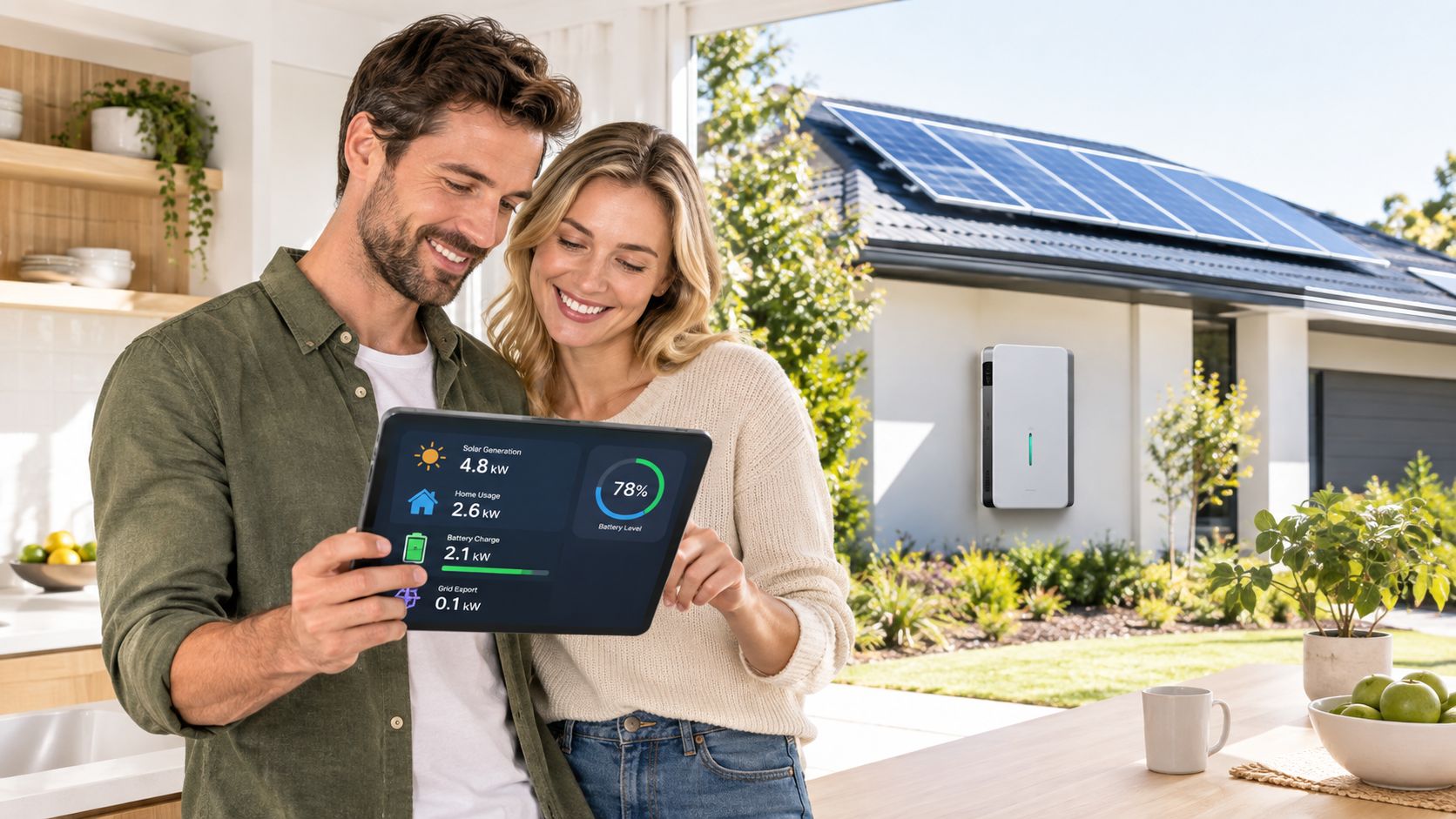A couple smiling while looking at a tablet showing solar energy usage and home battery storage status.