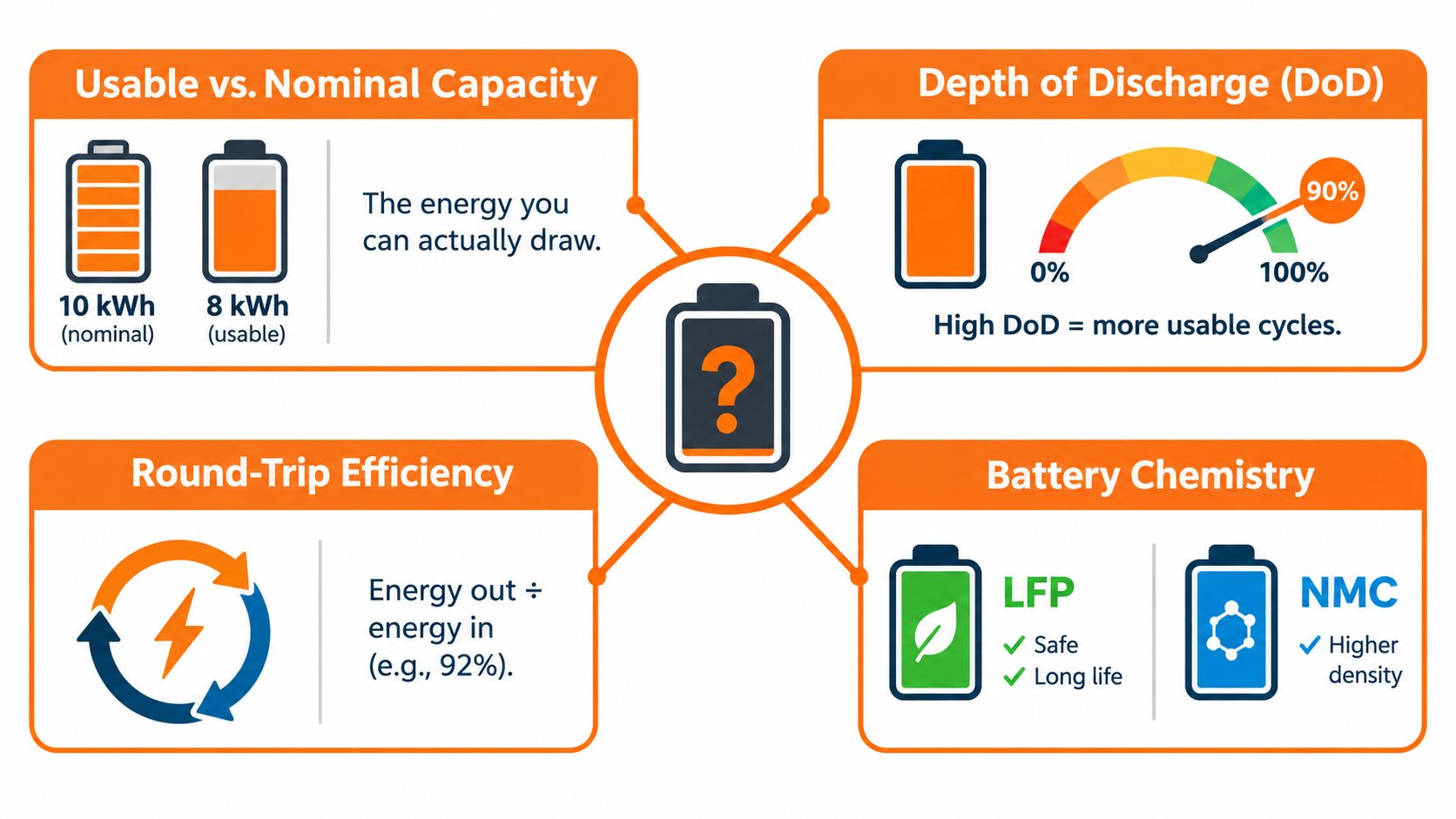 A diagram explaining four key factors for home battery storage: capacity, depth of discharge, efficiency, and chemistry.