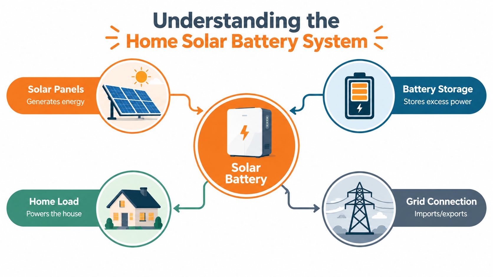 A diagram illustrating how a home solar battery system connects panels, storage, home power, and the grid.
