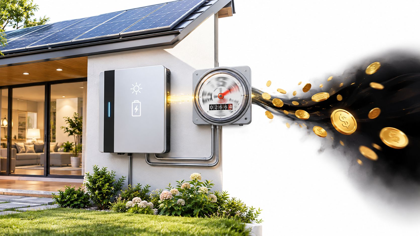 A modern home with solar panels and a battery system connected to a spinning electricity meter emitting coins.