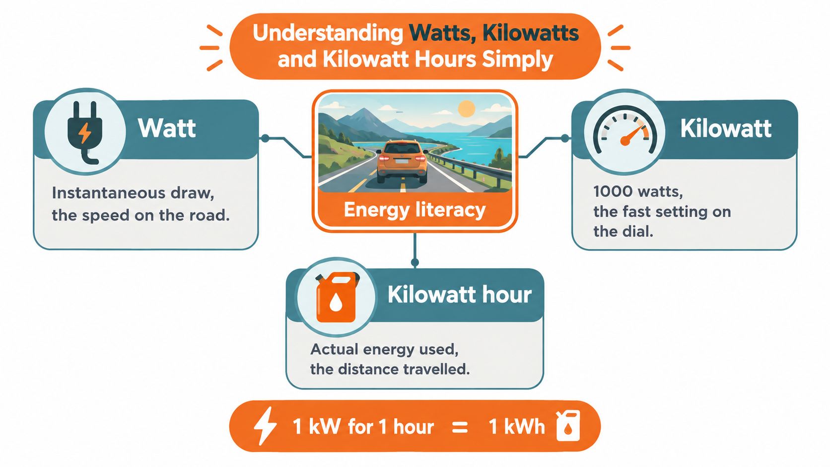 An infographic explaining energy terms by comparing watts, kilowatts, and kilowatt hours to car travel metrics.