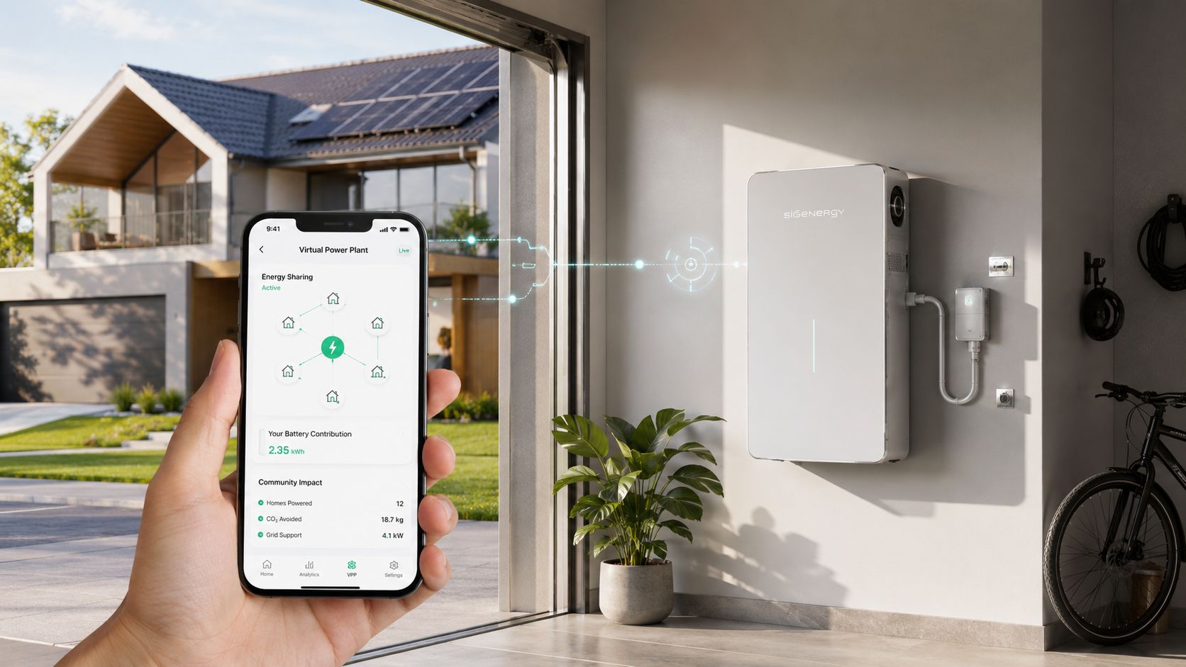 A hand holds a smartphone displaying a virtual power plant app next to a residential energy storage battery system.