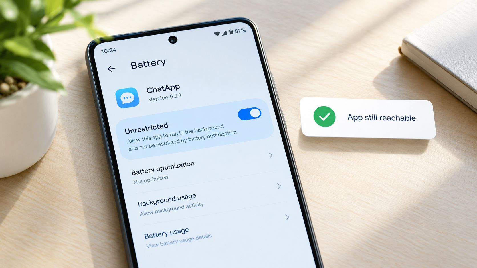 Screenshot from https://highflow.example.com/screens/battery-optimisation-unrestricted-confirmed.png