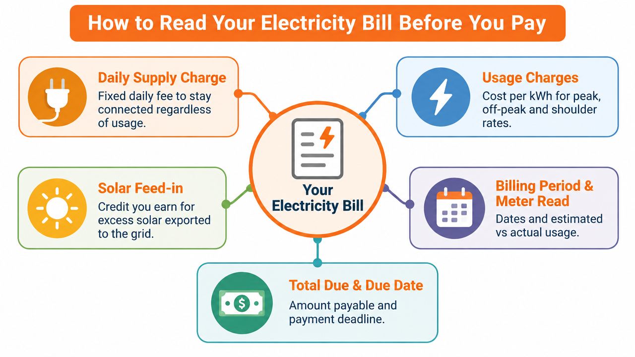 A helpful infographic explaining the different components found on a standard home electricity bill.