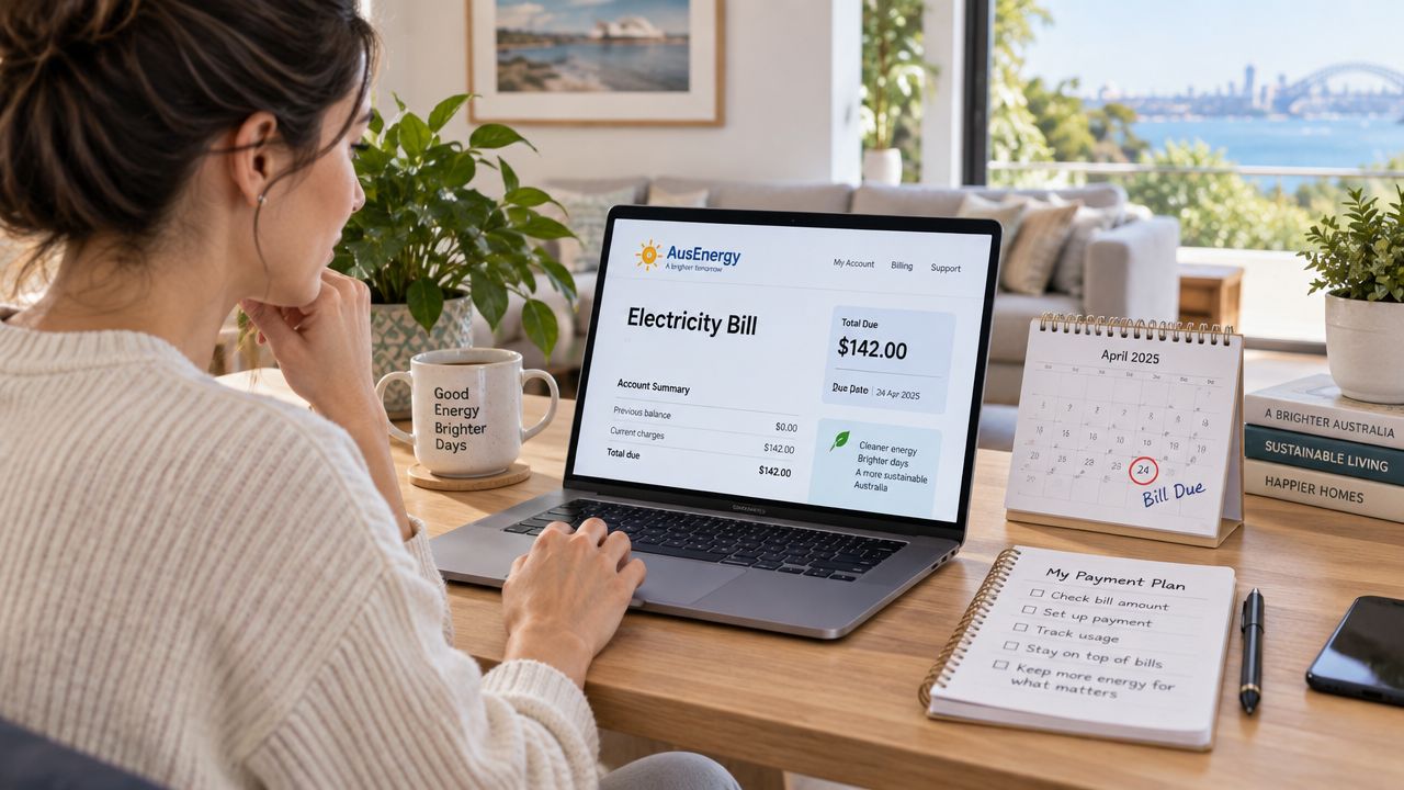 A woman reviewing her online electricity bill on a laptop computer while sitting at a desk.
