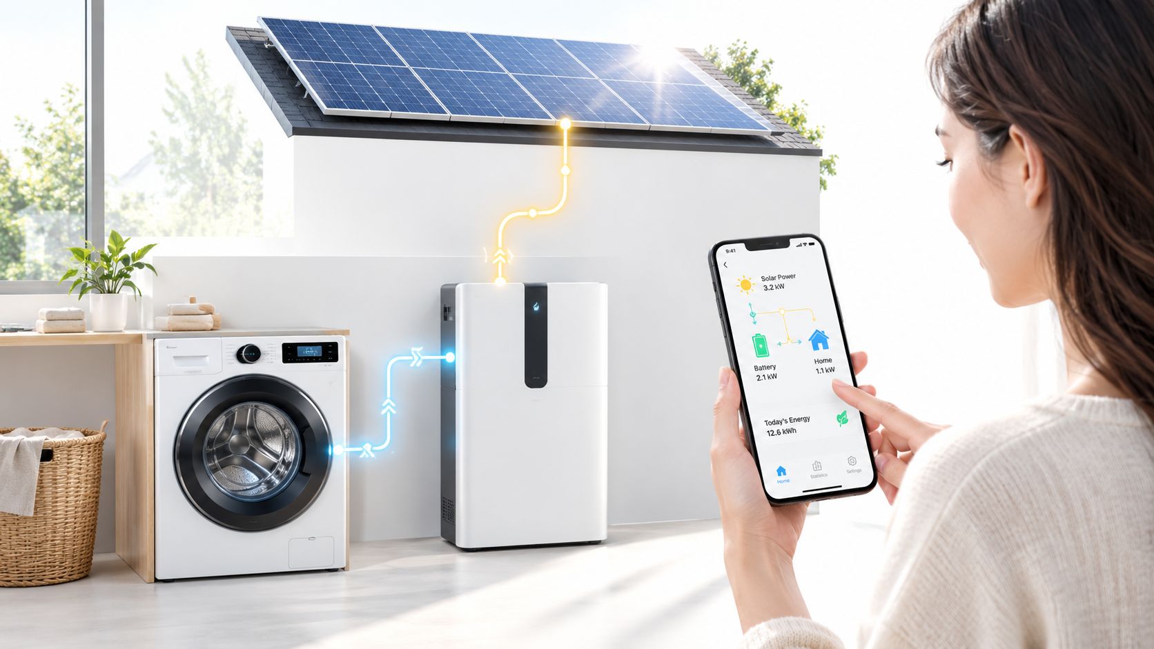 A woman using a smartphone app to monitor solar energy powering her washing machine via home battery.