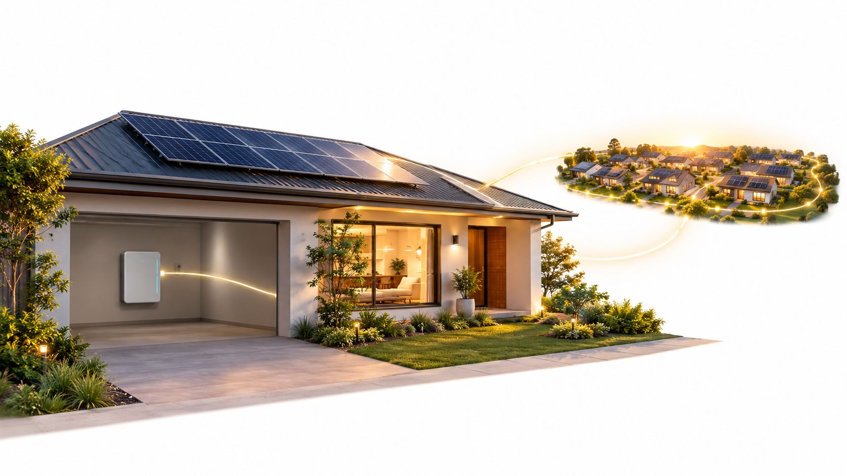 A modern home with rooftop solar panels and a wall-mounted battery system connected to a residential neighborhood.
